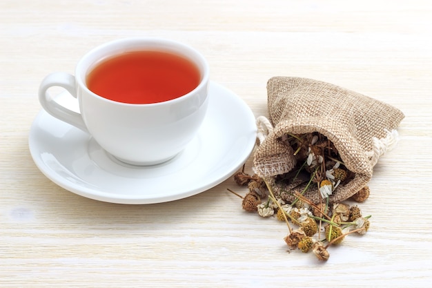 White cup of tea with chamomile in a pouch on a white wooden background