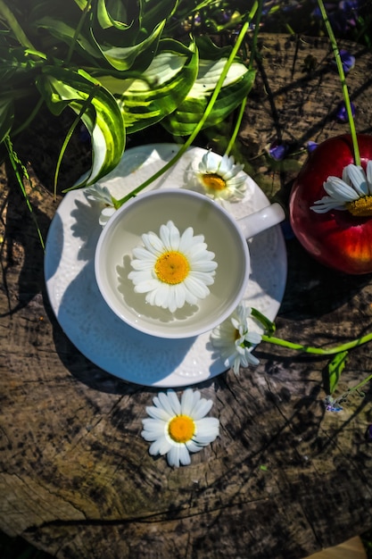 Tazza di tè bianca con camomilla su uno sfondo di legno, in estate, la mattina presto