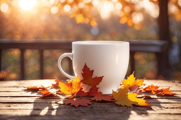 Photo white cup with autumn leaves on the wooden table ai generative