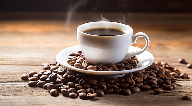 木製のテーブルとコーヒー豆のジェネラティバ IA の上にコーヒーが入った白いカップ