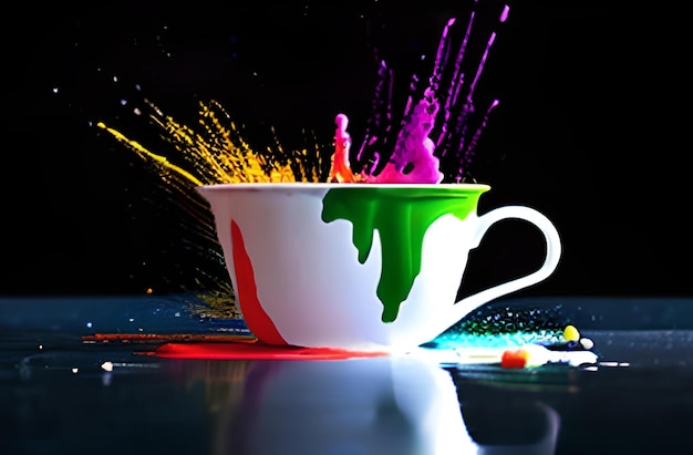 White cup with colorful splash on dark background Photo AI Generated