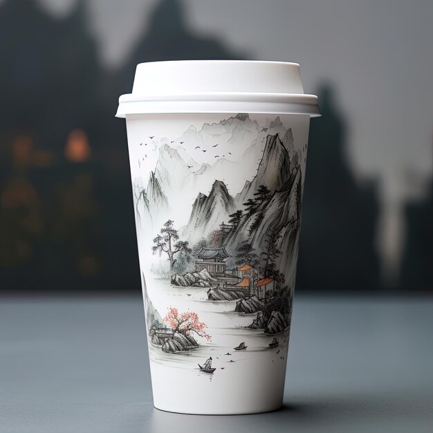 a white cup with a drawing of a landscape on it