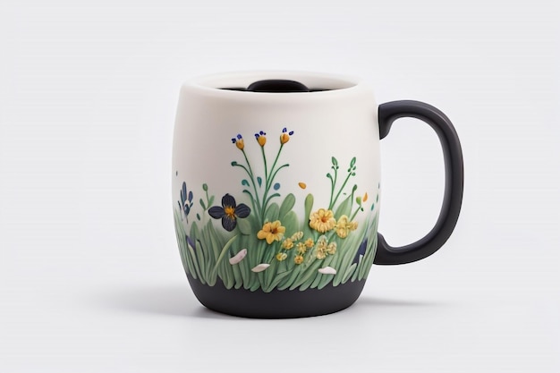 a white cup with flowers painted on it and a picture of a garden