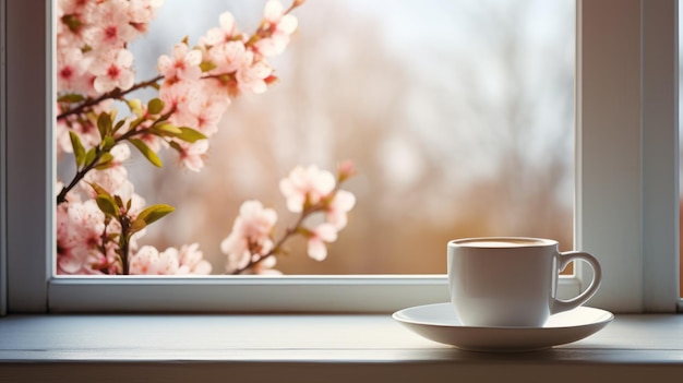 Фото Белая чашка с ароматным кофе у окна в весенний день