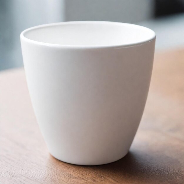 a white cup with a handle on a wooden table