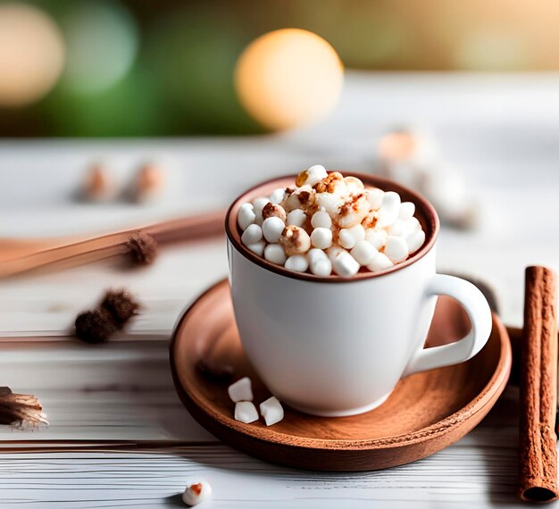 写真 カフェの木製の背景にホットチョコレートとマシュマロの白いカップ