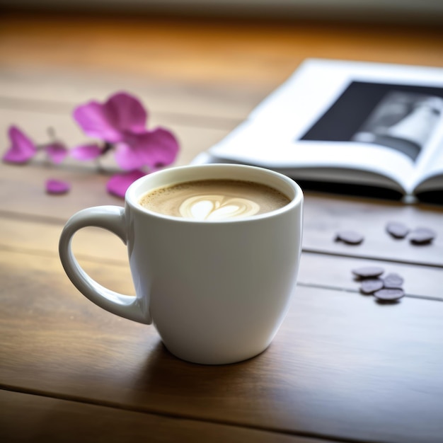 생성 인공 지능 기술을 사용하여 만든 나무 테이블에 라테 커피와 꽃잎이 있는 흰색 컵