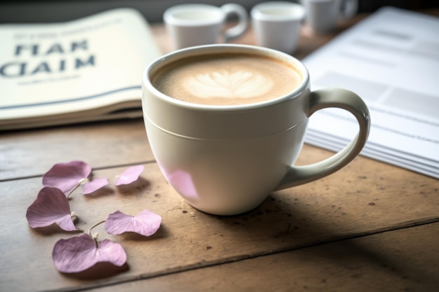 생성 인공 지능 기술을 사용하여 만든 나무 테이블에 라테 커피와 꽃잎이 있는 흰색 컵