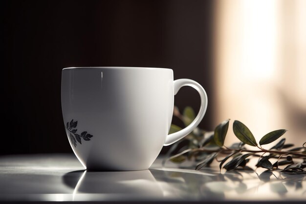 A white cup with a leaf design on it sits on a table.