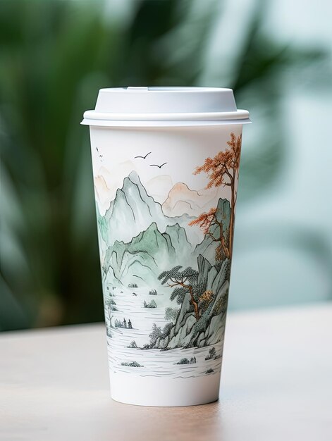 Photo a white cup with a picture of a mountain on it