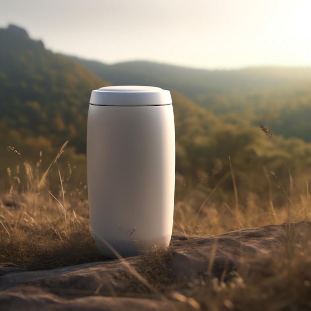 A white cup with a silver lid sits on a rock in a field