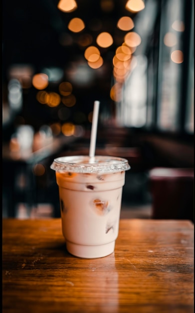 A white cup with a straw is sitting on a table