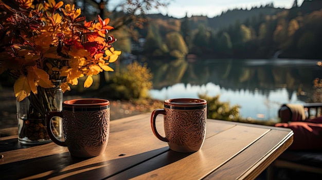 White cup on wooden tabletop autumn evening background