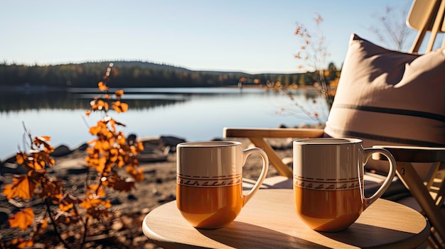 White cup on wooden tabletop autumn evening background