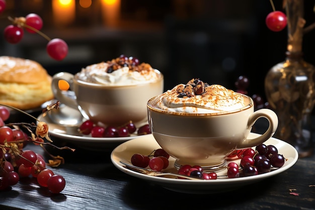 Tazze bianche di caffè e frutti di bosco alla luce del giorno