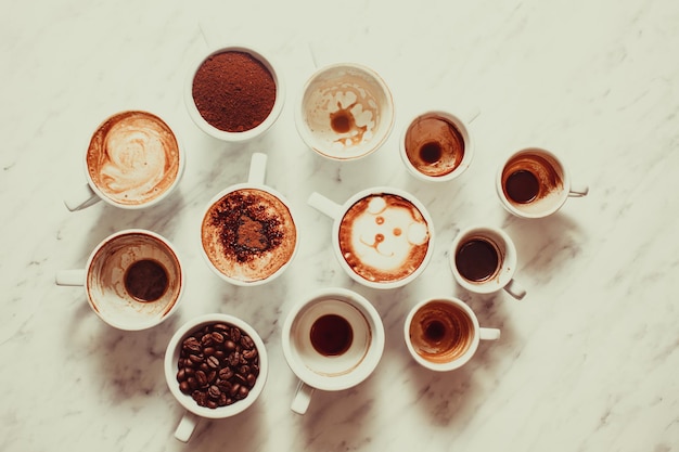 Photo white cups of different stages of preparing cappuccino, top view. cofee lover concept still life