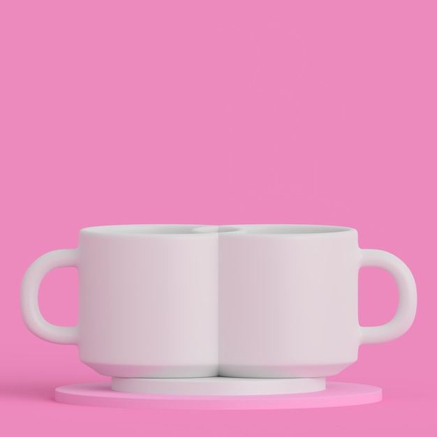 White cups on a pink minimalist studio in 3d rendering