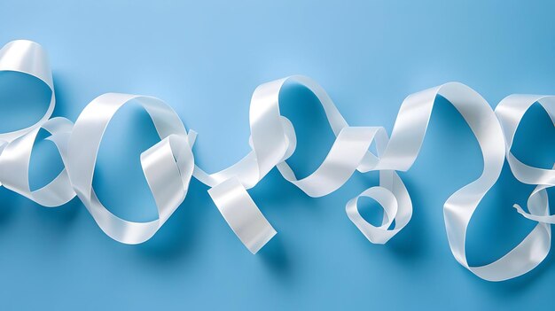 White curled ribbon decoration on blue background