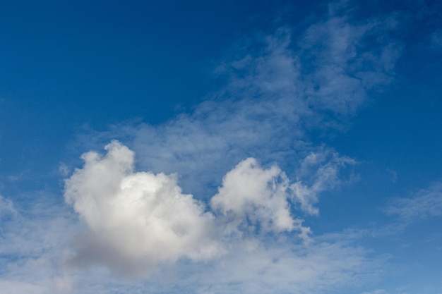 青い空にさまざまな形の白い巻き毛の雲_