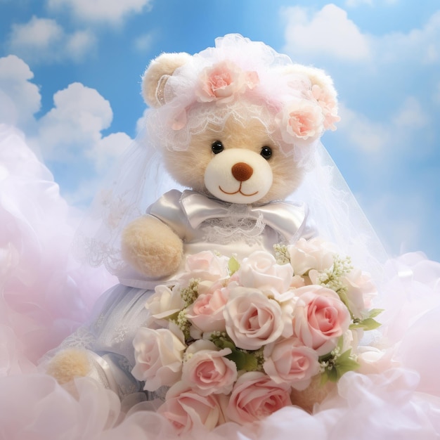 Photo white cute bear seated on pink flowers