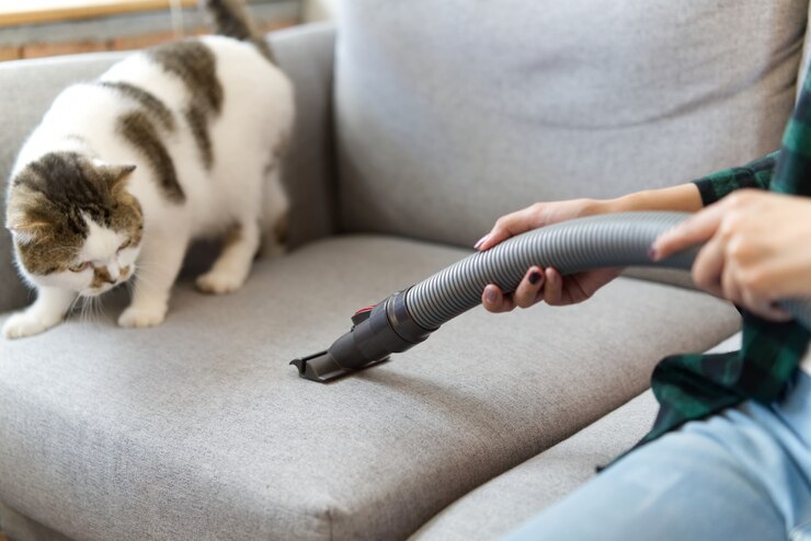 白いかわいい猫が立っていると掃除機を見ています。