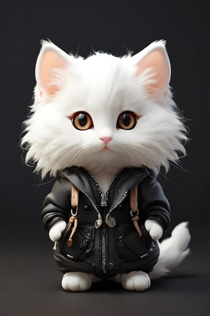 a white cute cat wearing a leather jacket