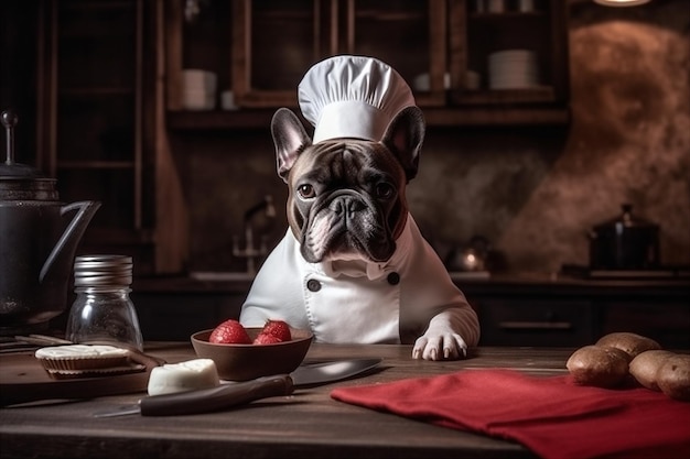 White cute french bulldog wearing chef clothes cooking ai generated