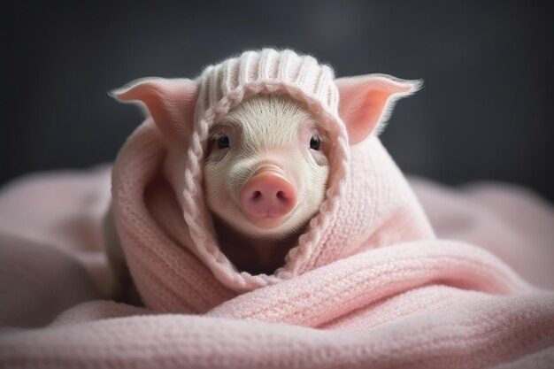 Premium Photo | White cute mini pig sitting under a soft knitted blanket  generative ai