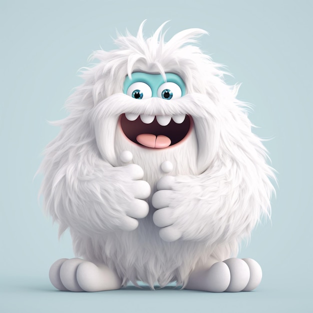 A white cute monster yeti with a big white coat giving a thumbs up