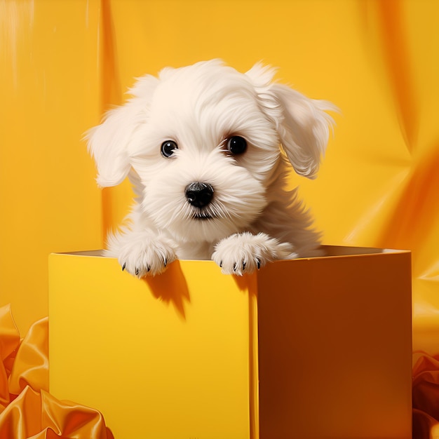 White cute puppy closeup in a yellow gift box on a yellow background for christmas