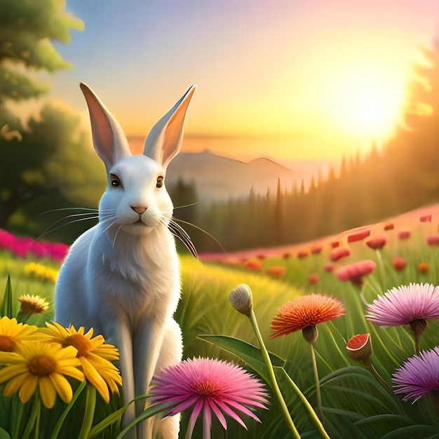 A white cute Rabbit sitting in a flower garder with so many colors 01