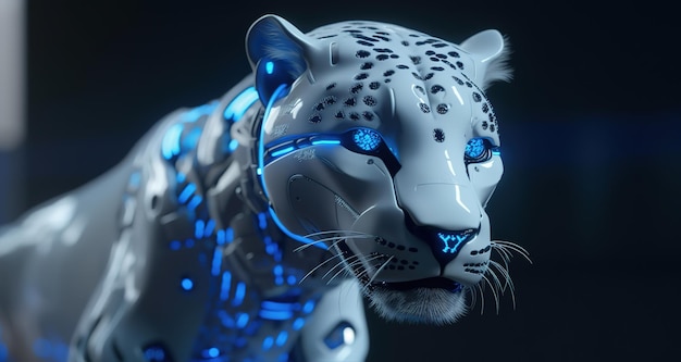 White cyber leopard with blue neon colors