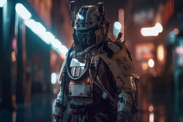 White cyberpunk samurai in armor on cyberpunk city street with reflections Highly detailed and realistic with dramatic lighting