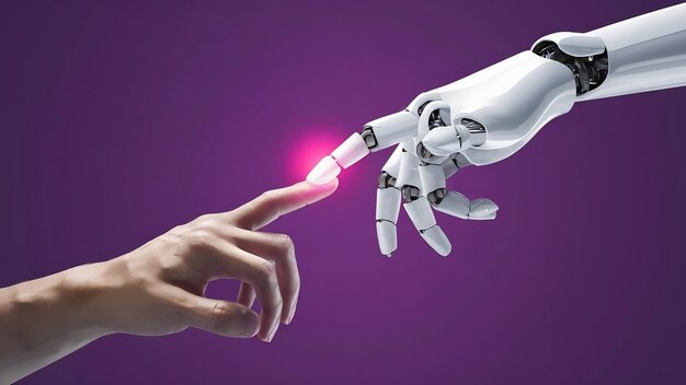 White cyborg finger about to touch human finger 3d rendering