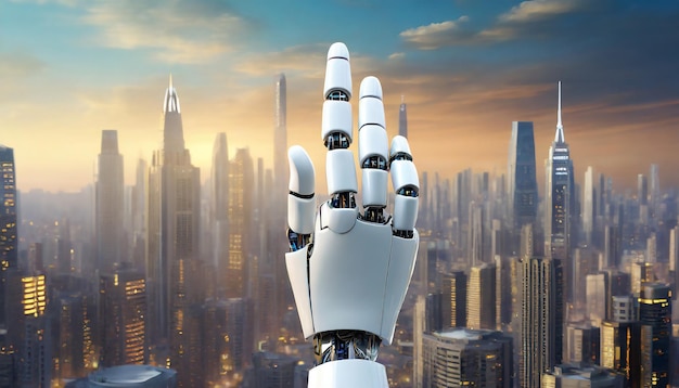 White cyborg finger on city background 3D rendering