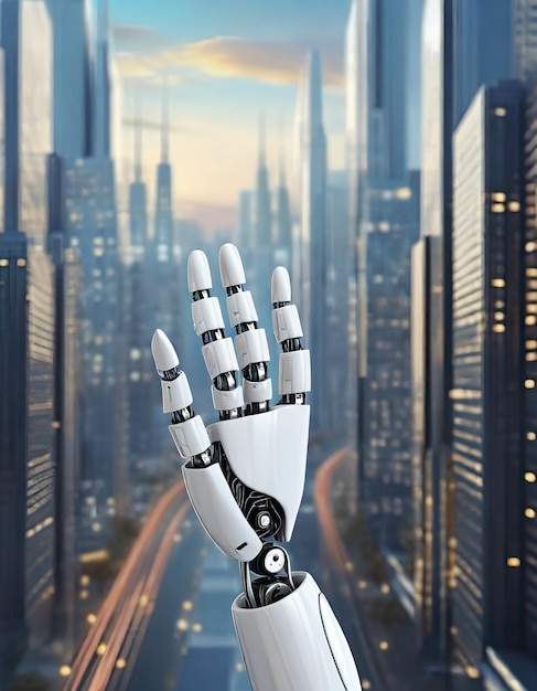 White cyborg finger on city background 3D rendering