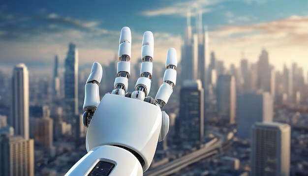 White cyborg finger on city background 3D rendering