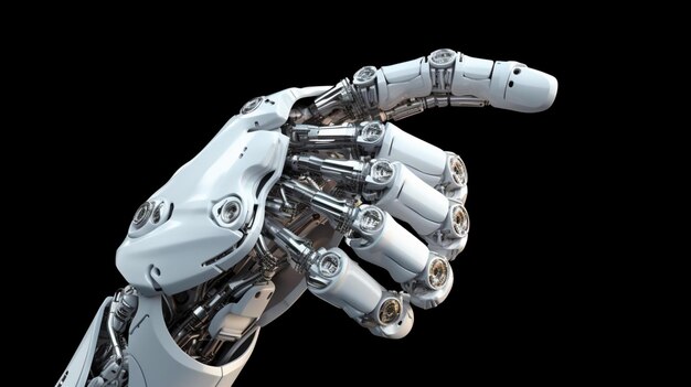 Foto la mano robotica bianca del cyborg che indica il dito generativa dell'ai