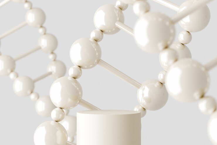Photo white cylinder platform and white chromosome  abstract minimal cosmetic background concept