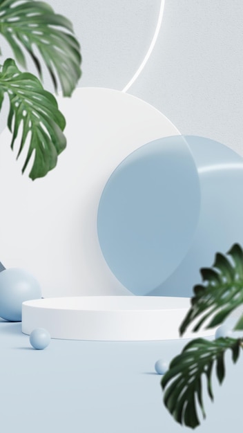 Белый цилиндрический подиум для демонстрации продукта на голубом фоне 3d-рендеринга