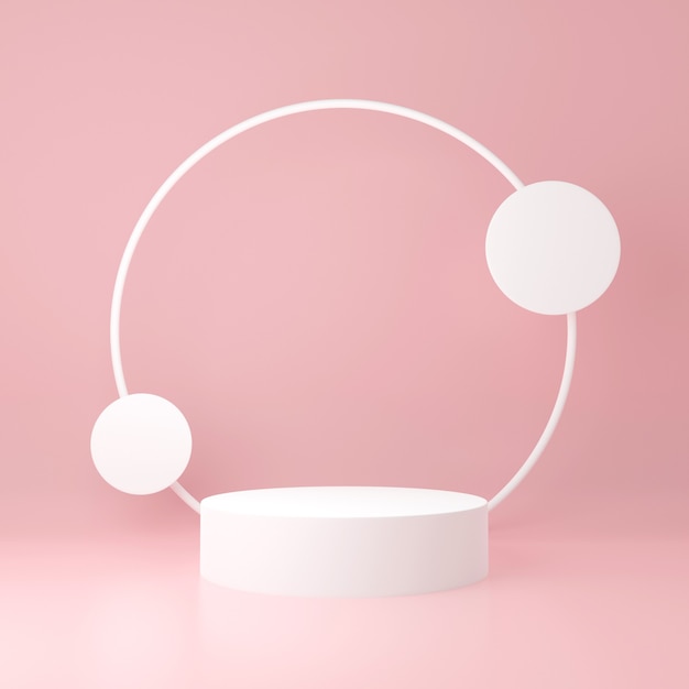 White cylinder product stand with circle around on light pink background