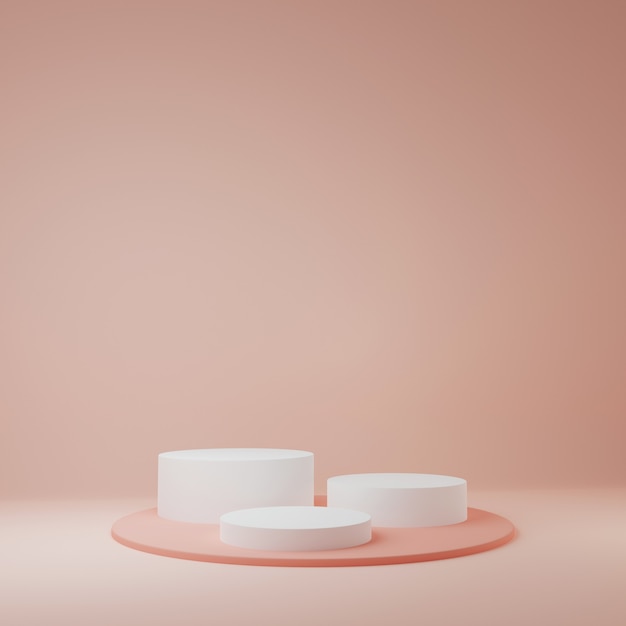 White cylinders product stand in light coral background 3d rendering