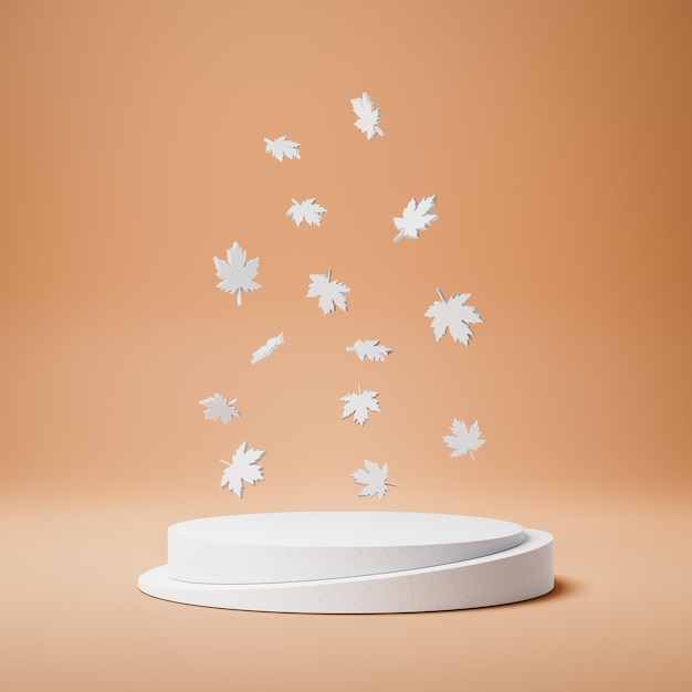 White Cylindrical Product Display Podium with Leaves on Orange Background