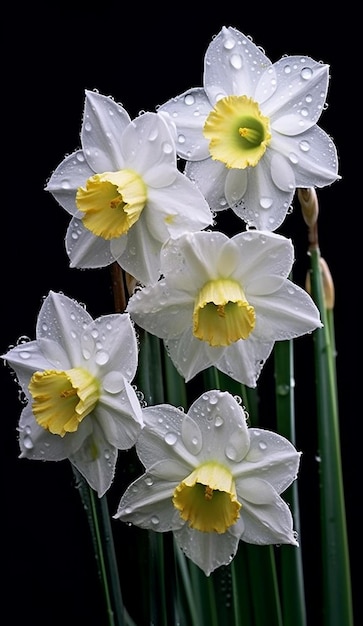 White Daffodils Dewdrops Dark Background generated by AI