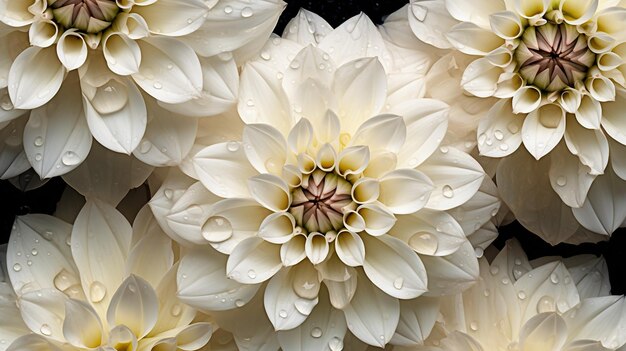 White Dahlia flowers with drops background Closeup of delicate blossom with droplets Generative AI