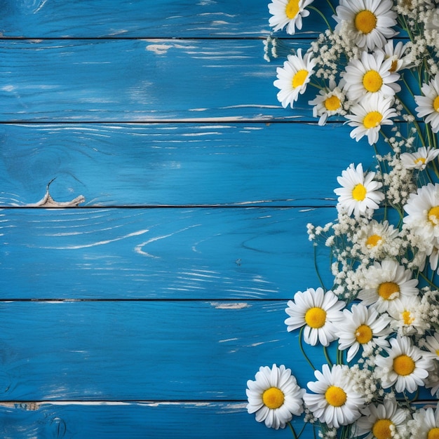White daisey floral with blue wooden background