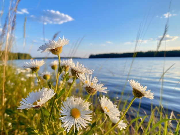 Photo white daisies against a tranquil lake during a serene summer sunset