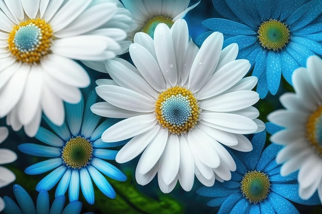 Белые ромашки цветут на фоне голубых цветов.