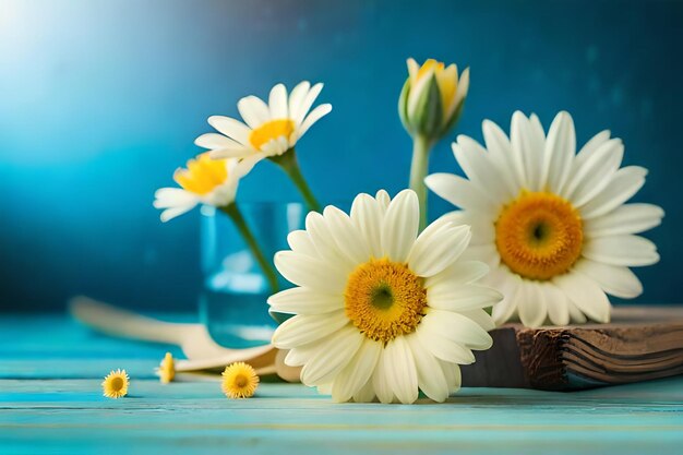 White daisies in a basket with a glass of water