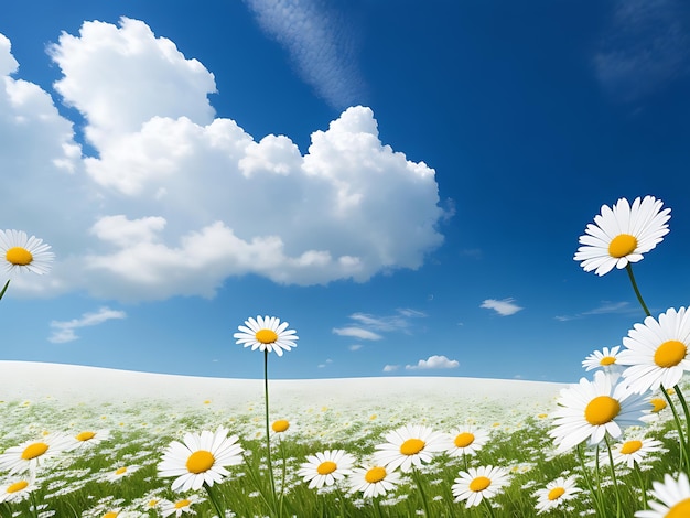 White daisies in the field and blue cloudy sky